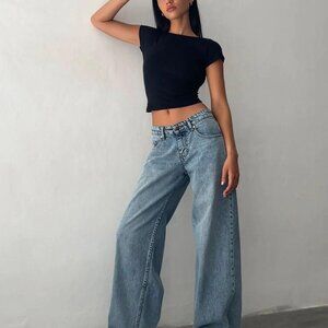 Motel Rocks Roomy Wide Leg Low Rise Jeans In Vintage Blue Wash (SOLD)